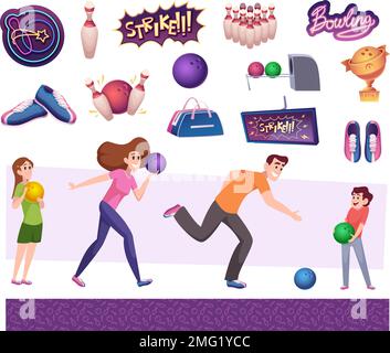 Giocatori di bowling. Personaggi divertenti che giocano nel gioco di sport bowling vettore esatto persone in azione pose Illustrazione Vettoriale