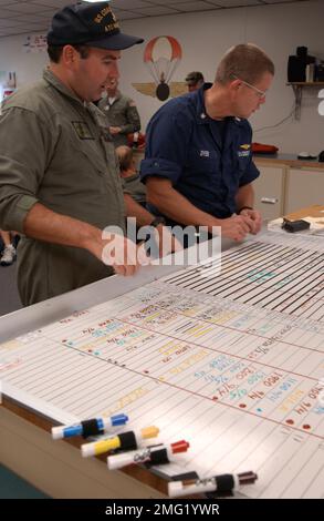 Strutture di Guardia Costiera - stazioni aeree - operazioni - 26-HK-96-133. AIRSTA OPS--guardacoste che lavorano con lavagna bianca sul tavolo (3). Uragano Katrina Foto Stock