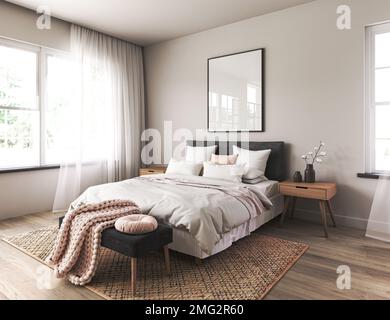 Moderno design degli interni in stile scandinavo e giapponese con letto di colore bianco. Tavolo e pavimento in legno, mock up parete telaio. rendering 3d. Alto Foto Stock