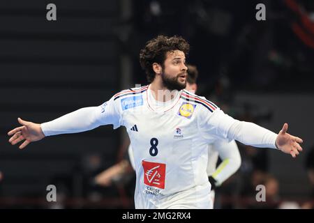 Danzig, Polonia. 25th Jan, 2023. Pallamano: Coppa del mondo, Francia - Germania, finale, quarto finale all'Ergo Arena, l'Elohim Prandi francese festeggia dopo aver segnato un gol. Credit: Jan Woitas/dpa/Alamy Live News Foto Stock