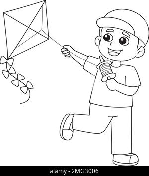 Spring Boy Flying a Kite isolato colorazione pagina Illustrazione Vettoriale