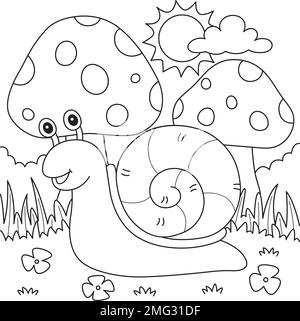 Lumaca primaverile con colorazione funghi pagina per bambini Illustrazione Vettoriale