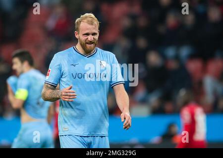 Leverkusen, Germania. 25th Jan, 2023. Calcio: Bundesliga, Bayer Leverkusen - VfL Bochum, giorno 17, BayArena. Philipp Hofmann di Bochum reagisce durante la partita. Credit: Marius Becker/dpa - NOTA IMPORTANTE: In conformità ai requisiti della DFL Deutsche Fußball Liga e del DFB Deutscher Fußball-Bund, è vietato utilizzare o utilizzare fotografie scattate nello stadio e/o della partita sotto forma di sequenze di immagini e/o serie di foto simili a video./dpa/Alamy Live News Foto Stock