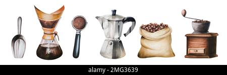 Set di illustrazioni acquerello per preparare il caffè. Sono inclusi macchina per il caffè geyser e una borsa per il caffè in iuta. Pittura a mano su sfondo isolato bianco. Per Foto Stock