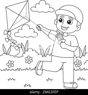 Bambino di primavera Flying a Kite coloring Page per bambini Illustrazione Vettoriale