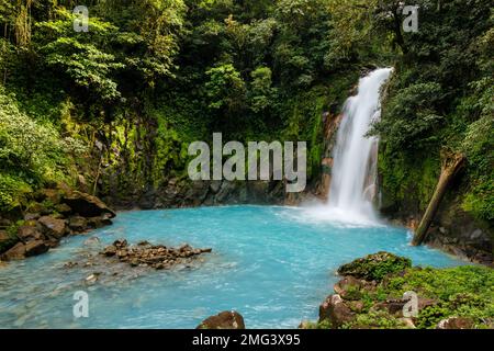 Cascata lungo il caratteristico Rio Celeste di colore turchese (fiume azzurro) nel Parco Nazionale del Vulcano Tenorio. Foto Stock