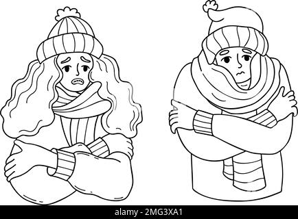 ragazza fredda e uomo in cappello lavorato a maglia e avvolto in sciarpa gelando indossare e brivido. Illustrazione vettoriale di contorno. doodle disegnato a mano. Stagione invernale AN Illustrazione Vettoriale