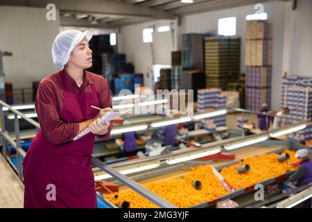 Supervisore giovane donna che ispeziona il flusso di lavoro dell'officina di smistamento degli agrumi Foto Stock