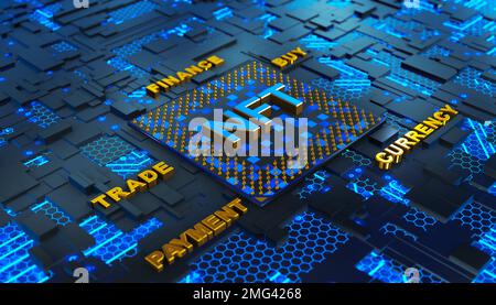 Composizione concettuale del processore con il logo NFT sulla scheda a circuito stampato. Rendering 3D. Foto Stock