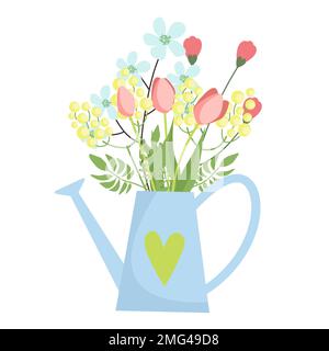 Bouquet di fiori primaverili all'interno della lattina. Design piatto Illustrazione Vettoriale