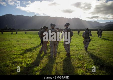 7 gennaio 2023 - Marine Corps base Hawaii, Hawaii, USA - USA Marines con le 31st Marine Expeditionary Units Maritime RAID Force, eseguire una prova di esercizio di addestramento urbano realistico, su Marine Corps Training Area Bellows, gennaio. 7, 2023. Lo scopo di RUTEX è quello di incorporare le competenze individuali e di piccole unità specializzate dell'MEU e di condurre operazioni ad alta intensità, avanzate e complesse della Task Force aerea marina al fine di preparare meus e altre forze designate a sostenere i comandanti combattenti geografici. (Foto di Cody Purcell) (Credit Image: © U.S. Stampa Marines/ZUMA Foto Stock