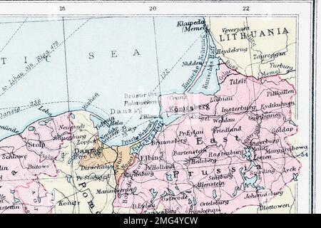 1935 Mappa dell'Atlante dei confini territoriali della Prussia orientale e della città di Konigsberg (Kaliningrad). Per l'Impero tedesco, Suwalki Gap / corridoio, Mare di Danzica. Foto Stock