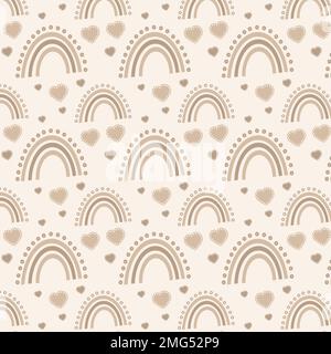 motivo senza cuciture di arcobaleno marrone e cuori su sfondo beige Foto Stock