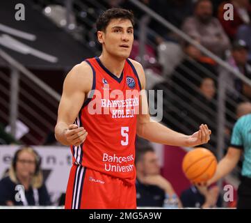 Bonn, Germania. 25th Jan, 2023. Basketball Champions League, Round of 16, Telekom Basket Bonn vs Bahcesehir College Istanbul, Zach Ensminger (Bonn) gesti. Credit: Juergen Schwarz/Alamy Live News Foto Stock