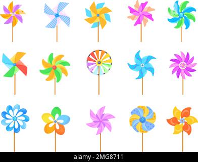 Giocattolo del mulino a vento. Giocattoli di carta pinwheel, vento di cartone animato banderuola estate brezza meteo, bambino colorato origami mulino pin ruota con fiore per il bambino fan Weathercock, illustrazione vettoriale pulita di ruota mulino a vento ruotare Illustrazione Vettoriale