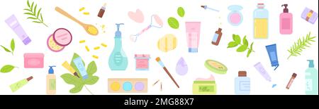 Prodotti per la pulizia della pelle. Vegan naturale eco-friendly prodotto cosmetico antiinvecchiamento peeling viso pelle esfoliazione olio organico siero scrub lozione, swanky vettore illustrazione del prodotto cosmetologia Illustrazione Vettoriale