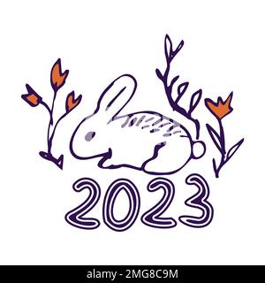 Illustrazione di vettore disegnata a mano di coniglio con fiori Illustrazione Vettoriale