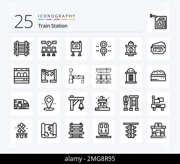 Stazione ferroviaria 25 linea pacchetto icone incluso il treno. allenati. pubblicità. traffico. segnale Illustrazione Vettoriale