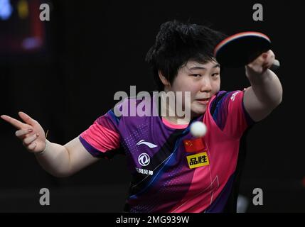 Doha, Qatar. 25th Jan, 2023. Kuai Man of China gareggia durante le quarti di finale femminili contro Doo Hoi Kem di Hong Kong al WTT Feeder Doha 2023 di Doha, Qatar, 25 gennaio 2023. Credit: Nikku/Xinhua/Alamy Live News Foto Stock