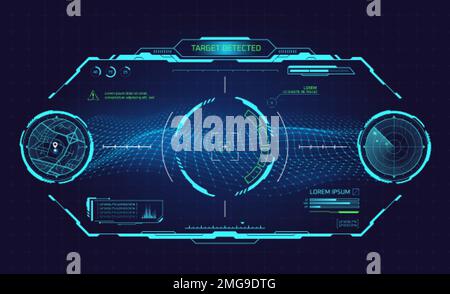 Cruscotto vr cockpit. Interfaccia ologramma della navicella spaziale HUD velivolo futuristico, occhiali virtuali casco robot, militare ai radar navigazione controllo aereo, interfaccia grafica del gioco del vettore della dashboard dello schermo Illustrazione Vettoriale