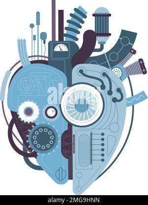 Cuore meccanico. Machine Heart, Love Motor pompa industriale complesso con ingranaggi cavi tubi, cuori robotici vapore o ciberpunk tatuaggio, splendida illustrazione vettoriale della tecnologia dei meccanismi macchina Illustrazione Vettoriale