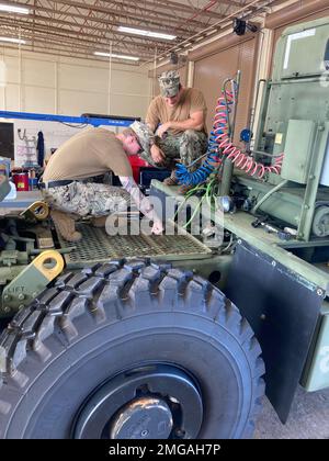 SANTA RITA, Guam (22 agosto 2022) Construction Mechanic 2nd Class Tyler Moore e Construction Mechanic 3rd Class Luis Castillo, assegnato al Naval Mobile Construction Battaglione (NMCB) 11, condurre una formazione sulla variante di trattore MK-31 della sostituzione del veicolo tattico medio a Camp Covington, base navale Guam, Santa Rita, Guam, Agosto 22, 2022. NMCB 11 è stato implementato in futuro per eseguire la costruzione, l'assistenza umanitaria e la cooperazione per la sicurezza teatrale negli Stati Uniti Sesto e settimo settore della flotta. Foto Stock