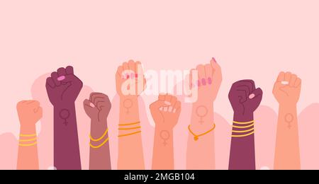 Le donne pugni rivoluzione. Donne protestanti mani, americano womans diritti giorno, feminist banner ragazza forte pugno mano potere femminismo simbolo empowerment convenzione vettore illustrazione di rivoluzione femminile Illustrazione Vettoriale