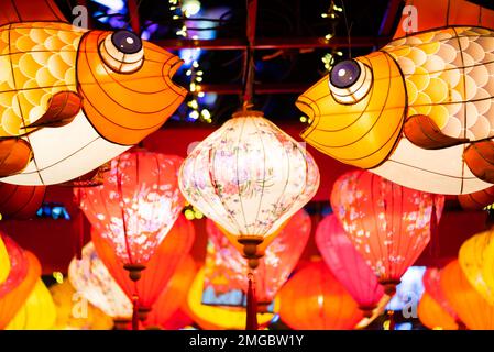 Lanterne cinesi multicolore illuminate di notte Foto Stock