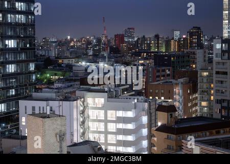 Tokyo, Giappone. 24th Jan, 2023. Viste dello skyline di Tokyo da Shibuya in serata con edifici di uffici, alti progetti di sviluppo di immobili commerciali e costruzioni residenziali. Economia giapponese, grattacieli. La stazione JR East Shibuya è stata sottoposta a importanti lavori di ristrutturazione nel quadro dello sviluppo immobiliare commerciale da parte delle compagnie ferroviarie e della Tokyu Corporation. La costruzione del Shibuya Scramble Square è un esempio di questo. Recentemente la Yamanote Line, la linea di pendolari più trafficata della Tokyo metropolitana, è stata chiusa in una direzione per una settimana per spostare il Foto Stock