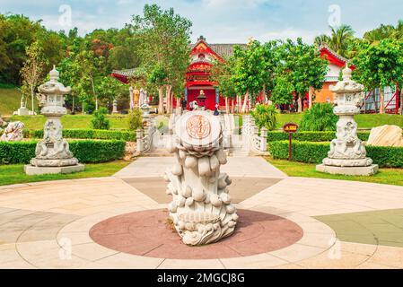 Sanya, Isola di Hainan, Cina. Nanshan Buddismo zona culturale. Vista del Parco della Cultura Buddista di Nanshan Foto Stock