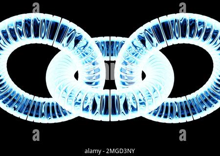 3d illustrazione di un primo piano di maglie blu incandescenti della catena piegate in una forma fantasia su uno sfondo nero Foto Stock