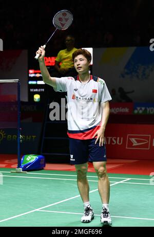 Giacarta, Indonesia. 26th Jan, 2023. Shi Yuqi della Cina festeggia dopo la seconda partita maschile di single contro Anthony Sinisuka Ginting dell'Indonesia al torneo di badminton Indonesia Masters 2023 a Giacarta, Indonesia, 26 gennaio 2023. Credit: Xu Qin/Xinhua/Alamy Live News Foto Stock