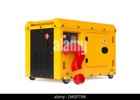 Gruppo elettrogeno ausiliario diesel esterno giallo grande per uso di emergenza con punto interrogativo rosso su sfondo bianco. rendering 3D Foto Stock