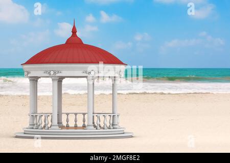 Urban Infrastructure Garden o Park Circle Gazebo con colonne greche e tetto verde, o Pergola sull'oceano o Sea Sand Beach estrema closeup. 3D Ren Foto Stock