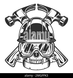 Nuovo costruttore di costruzioni business martello mezzo cranio in elmetto con nastro e occhiali di sicurezza illustrazione stile vintage Foto Stock