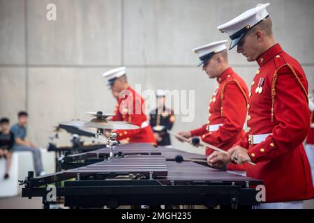 Marines con "il Comandante proprio", Stati Uniti Marine Drum and Bugle Corps, si esibiscono presso il National Museum of the Marine Corps, Quantico, Virginia, 24 agosto 2022. “The Commandant’s Own”, ha eseguito più canzoni per mostrare l’esprit de Corps e onorare le generazioni che ci hanno preceduto. Foto Stock