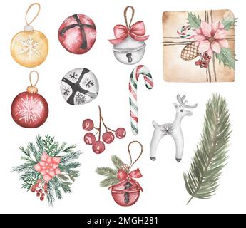Set di elementi di Natale, illustrazione scatola regalo, giocattoli della sfera di natale Clipart, bouquet floreale, festa invernale dell'acquerello, albero di pino, Cuta Funny CRA Foto Stock