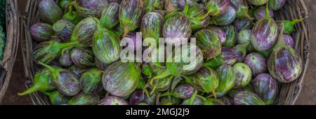 Melanzana viola del bambino al mercato in India, vista dall'alto con messa a fuoco selezionata Foto Stock