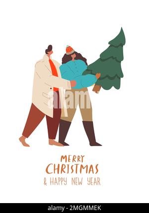 Natale felice gente che trasporta il abbraccio del giovane e dell'uomo di natale del tree.Young di Natale e che si prepara per le feste di inverno alla vigilia di Capodanno. Illustrazione del vettore grafico piatto Foto Stock