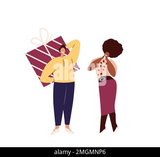 Felice vacanza Couple.Man tenere un regalo enorme, scatola regalo sorpresa per African Woman.Holiday persone e Inverno Fun.Aduld giovani personaggi su Dating.Flat VEC Foto Stock