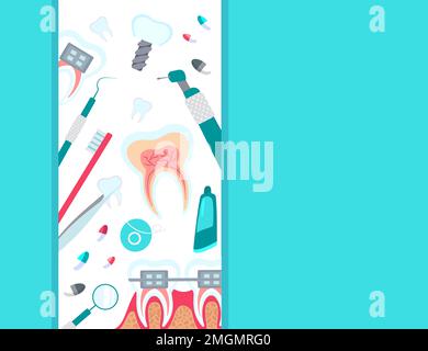 Poster di stomatologia odontoiatria, blu, sfondo bianco.illustrazione vettoriale.igiene dentale concetto Clinica sani denti puliti, impianti dentali, ortodontica A. Foto Stock