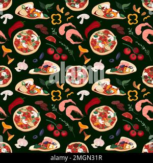 Endless Pattern for Pizzeria Menu with Pizza , ingredienti su sfondo scuro.Template for Italian food Restaurants or cafes.Vector Flat Illustration Foto Stock
