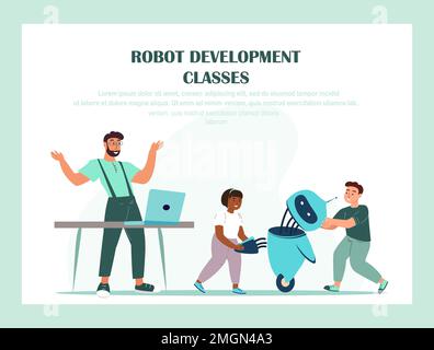 Corsi di sviluppo Landing Page Template.Education,School Robotics Project.Children and Teacher Characters Create ai Cyborg using different Tools,Pre Foto Stock