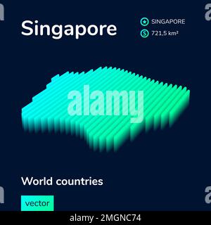 Mappa di Singapore 3D. Mappa isometrica al neon stilizzata di Singapore in colori verdi su sfondo blu scuro Illustrazione Vettoriale