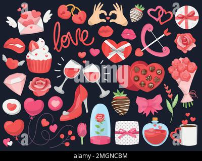 Collezione di oggetti e oggetti correlati per il giorno di San Valentino. Illustrazioni vettoriali colorate. Illustrazione Vettoriale