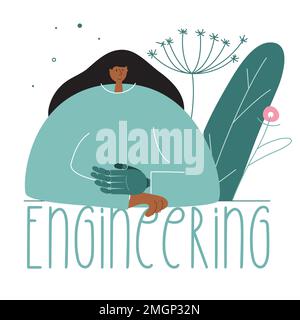 La donna felice anomalia alla nascita, persona con disabilità ha un impianto di titanio o protesi mano. Illustrazione vettoriale per poster su BIONIC Illustrazione Vettoriale