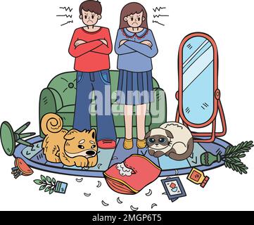 Mano disegnata Proprietario arrabbiato con cani e gatti naughty illustrazione in stile doodle isolato sullo sfondo Illustrazione Vettoriale
