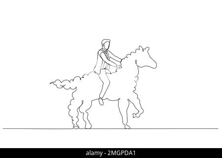 Cartone animato di uomo d'affari che cavalcano la metafora bianca del cavallo della nube dell'idea di gestione. Stile artistico a una linea Illustrazione Vettoriale