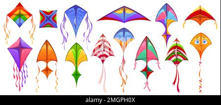 Icone dei kites, giocattoli di carta che volano sul vento nel cielo. Cute colorful acari diverse forme con motivi astratti e nastri isolati su sfondo bianco, vettoriale illustrazione cartoni animati Illustrazione Vettoriale