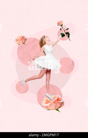Collage creativo foto poster cartolina di bella signora gioire festa occasione isolato su sfondo disegno Foto Stock